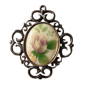 Jez Ceramic Flower On 925 Sterling Silver Pin Brooch - Signed Vintage Gift Idea